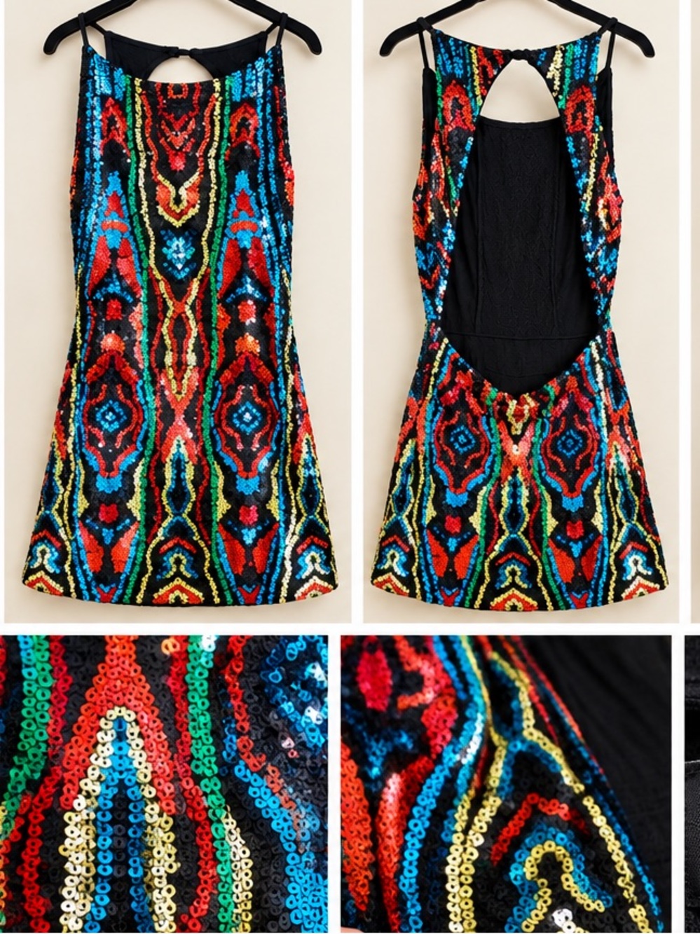 K&i (Kandibali.com)Multicolor HAND Sequin Mini Dress with Strappy Back